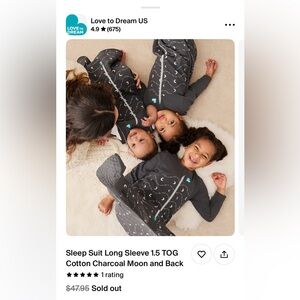 NWOT Sleep Suit Long Sleeve 1.5 TOG Cotton Charcoal Moon and Back